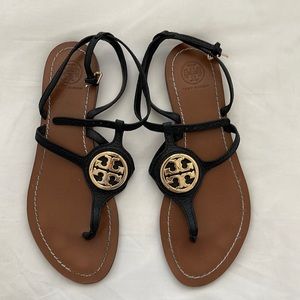 Tory burch black ankle strap (with gold logo) sandals barely worn. Very comfy!
